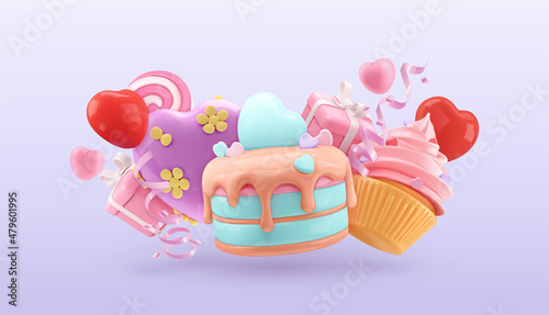 Happy Valentines day decoration. 3d render vector objects. Cake, cupcake, gift box, heart