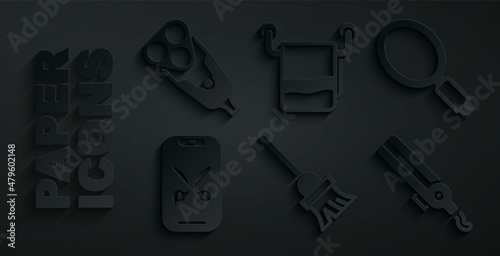 Set Mop, Hand mirror, Barber online service platform, Curling iron, Towel hanger and Electric razor blade icon. Vector