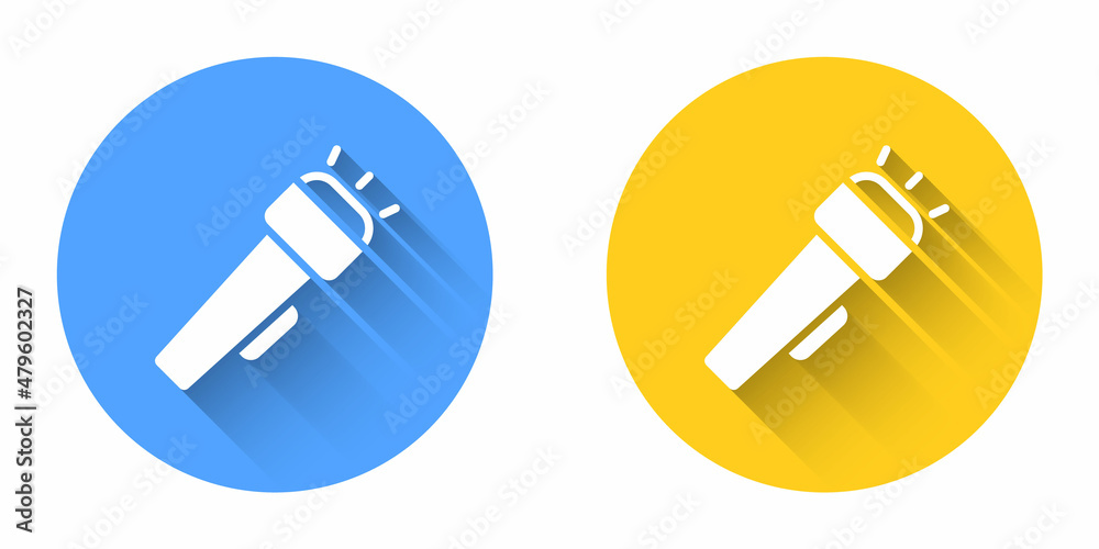White Flashlight icon isolated with long shadow background. Circle button. Vector White Flashlight icon isolated with long shadow background. Circle button. Vector