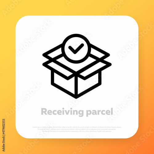 Cardboard box icon. Delivery of purchases from the store. Receive order. Vector illustration. Can be used for topics such as applications, web design, websites, delivery, courier