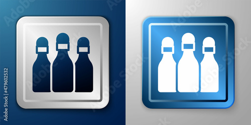 White Bowling pin icon isolated on blue and grey background. Silver and blue square button. Vector