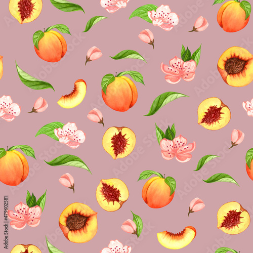 Fototapeta Naklejka Na Ścianę i Meble -  Seamless peach pattern with fruits, leaves, flowers background. Watercolor peach tree seamless background