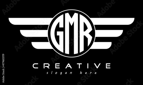 GMR three letter monogram type circle letter logo with wings vector template. photo