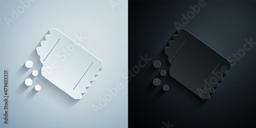 Paper cut Packet of pepper icon isolated on grey and black background. Paper art style. Vector