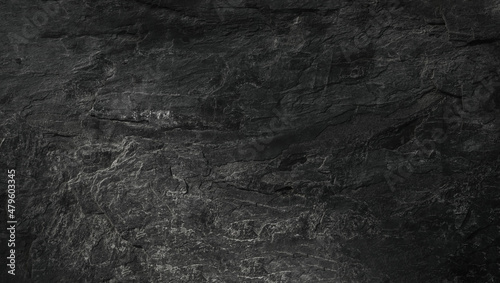 Dark grey black slate background or texture. Black granite slabs background. Panorama.                      