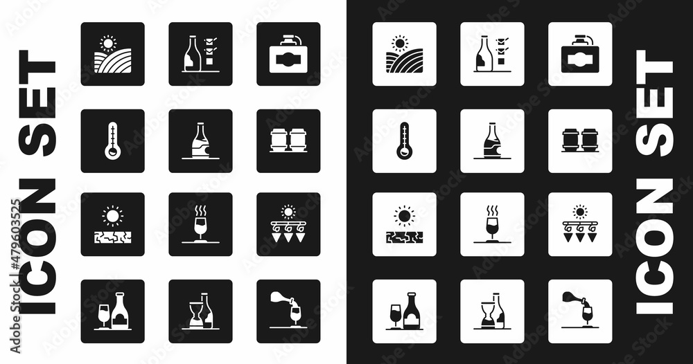 Set Cardboard box of wine, Bottle, Meteorology thermometer, Vineyard grapes, Wooden barrel for, Drying and Drought icon. Vector Set Cardboard box of wine, Bottle, Meteorology thermometer, Vineyard grapes, Wooden barrel for, Drying and Drought icon. Vector
