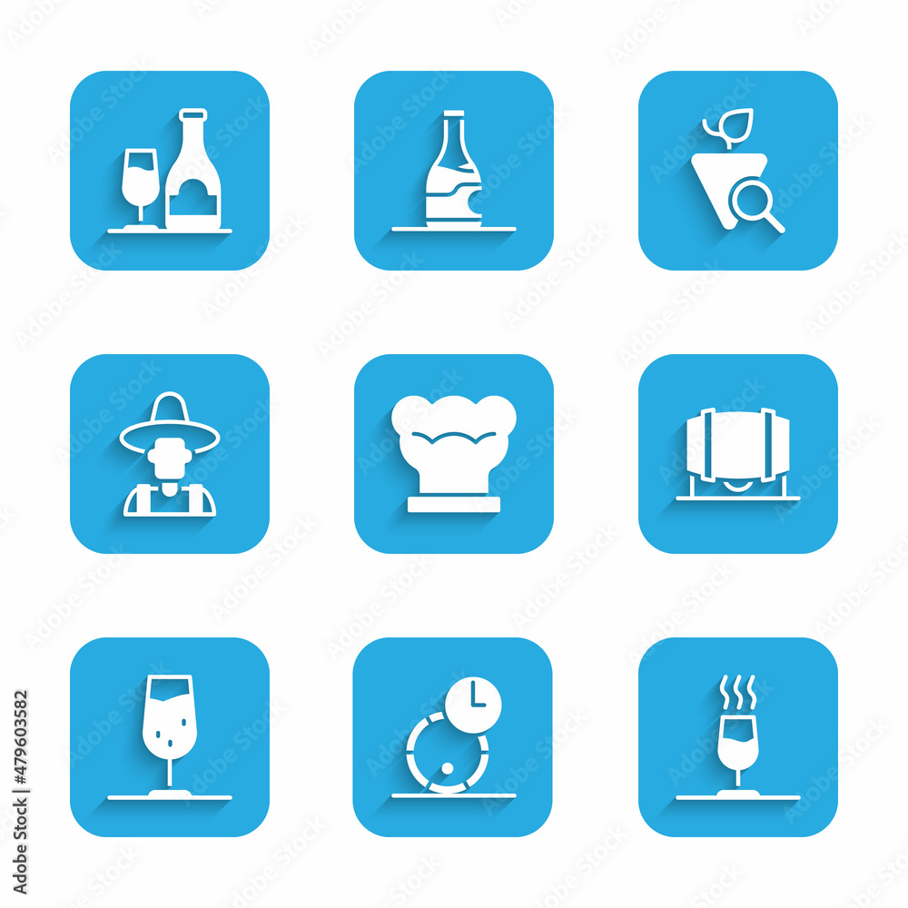 Set Chef hat, Wooden barrel for wine, Wine tasting, degustation, glass, Farmer the, Grapes and bottle with icon. Vector Set Chef hat, Wooden barrel for wine, Wine tasting, degustation, glass, Farmer the, Grapes and bottle with icon. Vector
