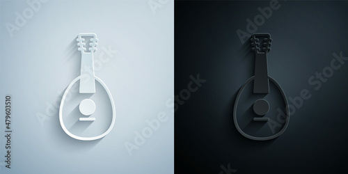 Paper cut Traditional musical instrument mandolin icon isolated on grey and black background. Paper art style. Vector