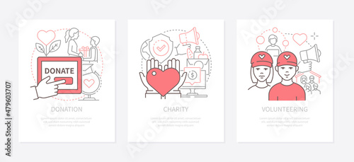 Donations, charity and volunteering - line design style banners set