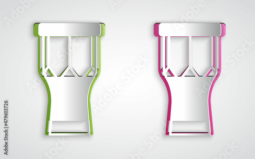 Paper cut African percussion drum icon isolated on grey background. Musical instrument. Paper art style. Vector