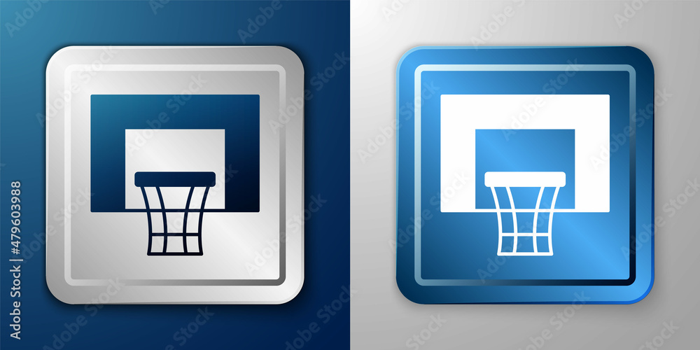 White Basketball backboard icon isolated on blue and grey background. Silver and blue square button. Vector White Basketball backboard icon isolated on blue and grey background. Silver and blue square button. Vector