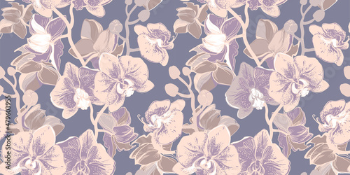 Sensual orchid flowers in tropical seamless pattern in nude tones. Pastel floral vector elements on calm pink background. Elegant design for textile, fabric, wallpaper, packaging.