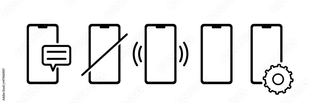 Phone icon set. New message, ringing phone, phone setting and fobidden sign. Vector line icon for Business and Advertising Phone icon set. New message, ringing phone, phone setting and fobidden sign. Vector line icon for Business and Advertising