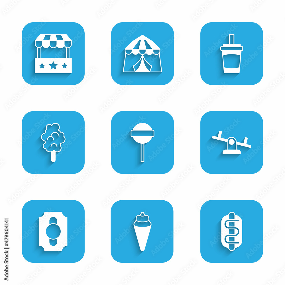 Set Lollipop, Ice cream in waffle cone, Hotdog sandwich, Seesaw, Circus ticket, Cotton candy, Paper glass with water and Ticket box office icon. Vector Set Lollipop, Ice cream in waffle cone, Hotdog sandwich, Seesaw, Circus ticket, Cotton candy, Paper glass with water and Ticket box office icon. Vector