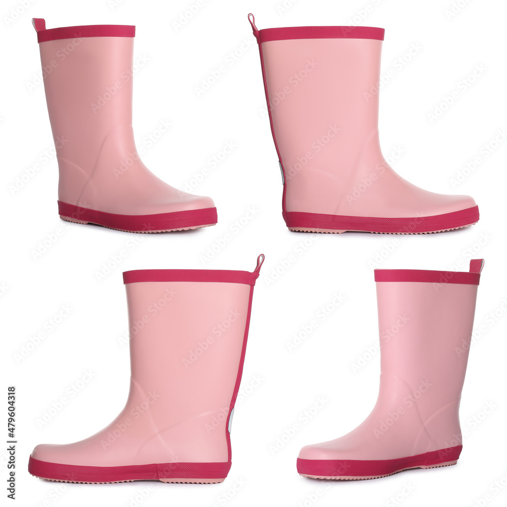 Set with pink rubber boots on white background Set with pink rubber boots on white background