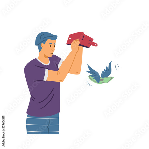 Poor broke man turns his empty wallet upside down and dollar sign with wings falling from wallet and flow away. Vector.