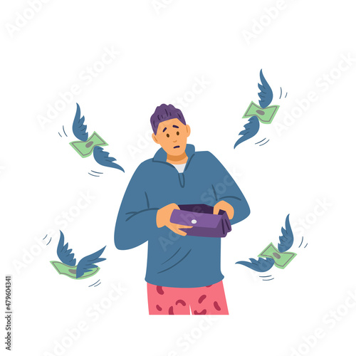 Asian male character stand with empty wallet in his hands, winged dollar signs around him, flat vector illustration.