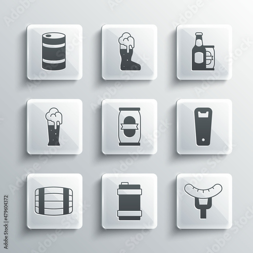 Set Metal beer keg, Sausage on the fork, Bottle opener, Beer can, Wooden barrel, Glass of, and bottle and icon. Vector