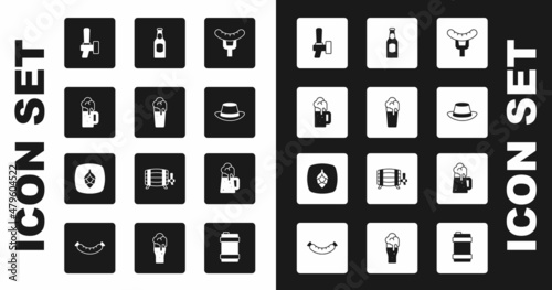 Set Sausage on the fork, Glass of beer, Wooden mug, Beer tap, Oktoberfest hat, bottle, and Hop icon. Vector