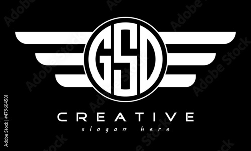 GSO three letter monogram type circle letter logo with wings vector template. photo