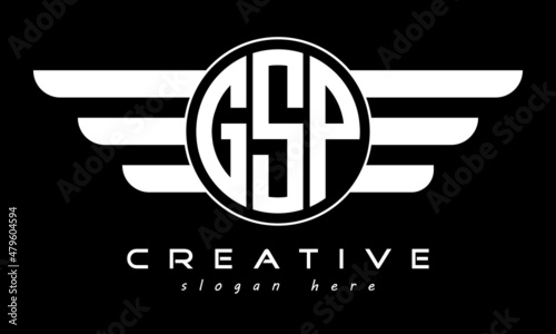 GSP three letter monogram type circle letter logo with wings vector template.