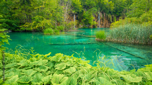 Plitvice Lakes National Park colorful landscape with turquoise blue and green water in Croatia.
