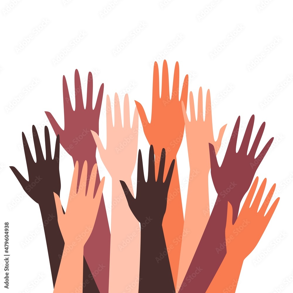 Fototapeta premium Diverse ethnic and multiracial hands raised up flat vector illustration isolated.
