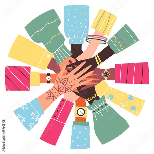 People hold hands in circle, diverse and multicultural arms - cartoon vector illustration isolated on white background.