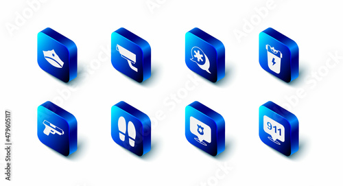 Set Security camera, Hexagram sheriff, Police electric shocker, Telephone call 911, badge, Footsteps, Pistol or gun and cap with cockade icon. Vector