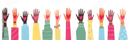 Obraz na płótnie Diverse multi ethnic volunteers hands raised up, vector illustration isolated