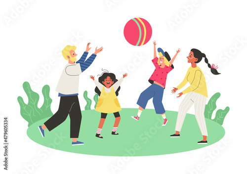 White blonde Father and Indian or Hispanic Mother play ball outside with their multicultural kids, vector illustration.