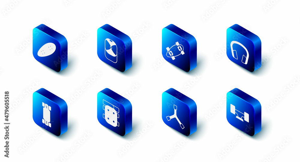 Set Baseball cap, Longboard or skateboard, Headphones, Skateboard wheel, Y-tool, Knee pads, and icon. Vector Set Baseball cap, Longboard or skateboard, Headphones, Skateboard wheel, Y-tool, Knee pads, and icon. Vector