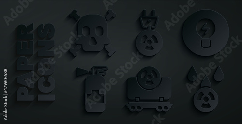 Set Radioactive cargo train, Light bulb with concept of idea, Fire extinguisher, Acid and radioactive cloud, Radiation electrical plug and Bones skull warning icon. Vector