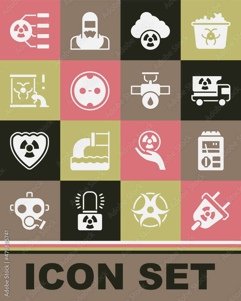 Set Radiation electrical plug, Dosimeter, Truck with radiation materials, Acid rain and radioactive cloud, Electrical outlet, Radioactive waste barrel, and Industry pipe valve icon. Vector