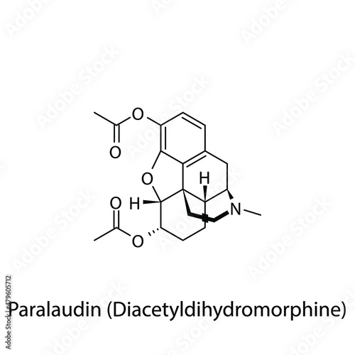 Paralaudin molecular structure, flat skeletal chemical formula. Opioid, painkiller, narcotic, analgesic drug used to treat . Vector illustration.