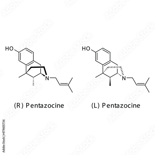 Pentazocine molecular structure, flat skeletal chemical formula. Opioid, painkiller, narcotic, analgesic . Vector illustration.