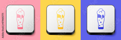 Isometric Glass of beer icon isolated on pink, yellow and blue background. Happy Saint Patricks day. National Irish holiday. Square button. Vector