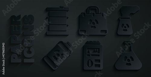 Set Dosimeter, Nuclear power plant, energy battery, Test tube radiation, Radiation nuclear suitcase and Radioactive waste in barrel icon. Vector