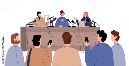 Press conference interview flat vector illustration. Speaker's speech with microphone at presentation.