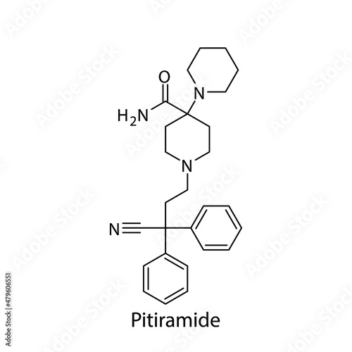 Pitiramide molecular structure, flat skeletal chemical formula. Opioid, painkiller, narcotic, analgesic drug used to treat . Vector illustration.