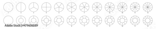 Segment slice sign. Circle section graph line art. Pie chart icon. 2,3,4,5,6, 8,10 segment infographic. Wheel round diagram part. Five phase, six circular cycle. Geometric element. Vector illustration