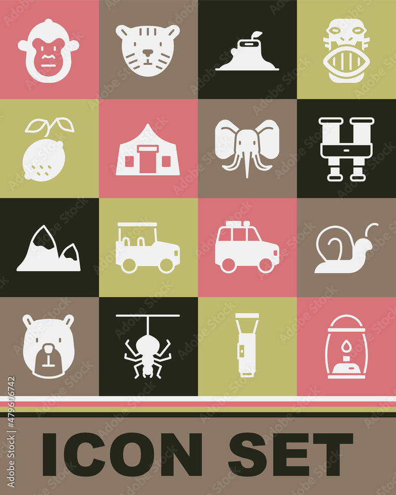 Set Camping lantern, Snail, Binoculars, Tree stump, Tourist tent, Lemon, Monkey and Elephant icon. Vector Set Camping lantern, Snail, Binoculars, Tree stump, Tourist tent, Lemon, Monkey and Elephant icon. Vector