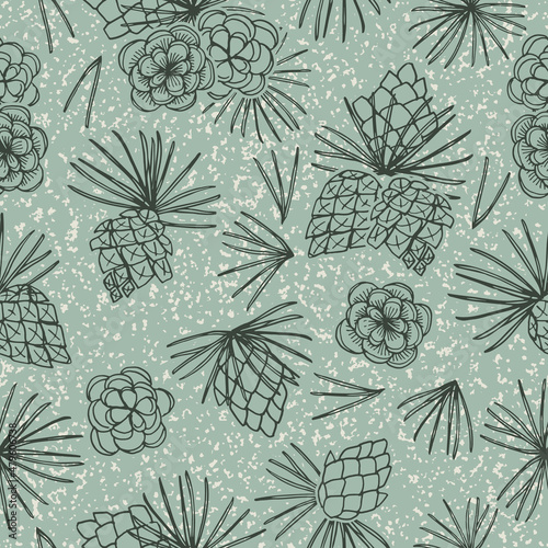 Pastel evergreen stylized pine cone scattered seamless pattern print. Vector illustration, digital background, surface design