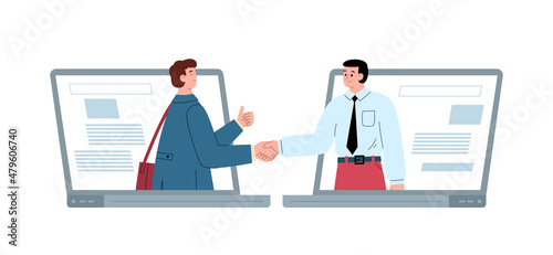 Online conference call between business partners. Characters shake hands in flat