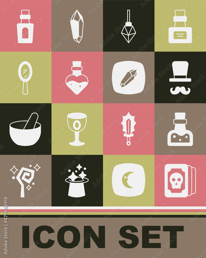 Set Tarot cards, Bottle with potion, Magician, stone, hand mirror, and icon. Vector Set Tarot cards, Bottle with potion, Magician, stone, hand mirror, and icon. Vector