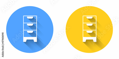 White Chest of drawers icon isolated with long shadow background. Circle button. Vector