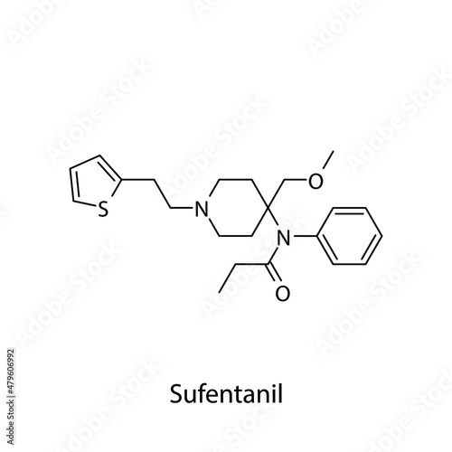 Sufentanil molecular structure, flat skeletal chemical formula. Opioid, painkiller, narcotic, analgesic drug used to treat . Vector illustration.