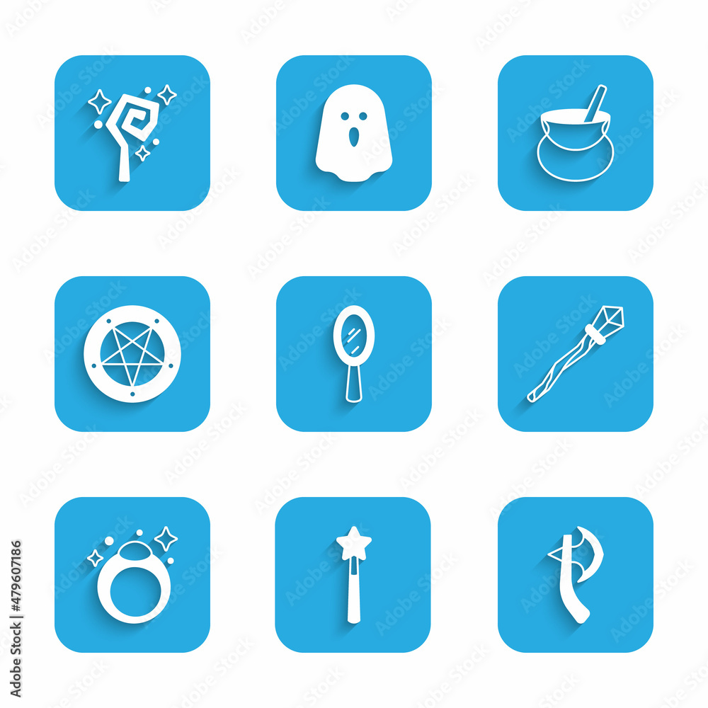 Set Magic hand mirror, wand, Wooden axe, staff, stone ring, Pentagram circle, Witch cauldron and icon. Vector Set Magic hand mirror, wand, Wooden axe, staff, stone ring, Pentagram circle, Witch cauldron and icon. Vector