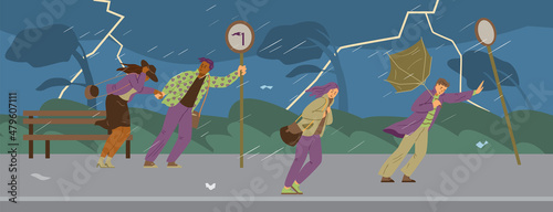 People walk through thunderstorm and rain on the street in the park, flat vector illustration.