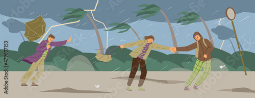 People trying not to fall in hurricane, thunderstorm and heavy wind, flat vector illustration.